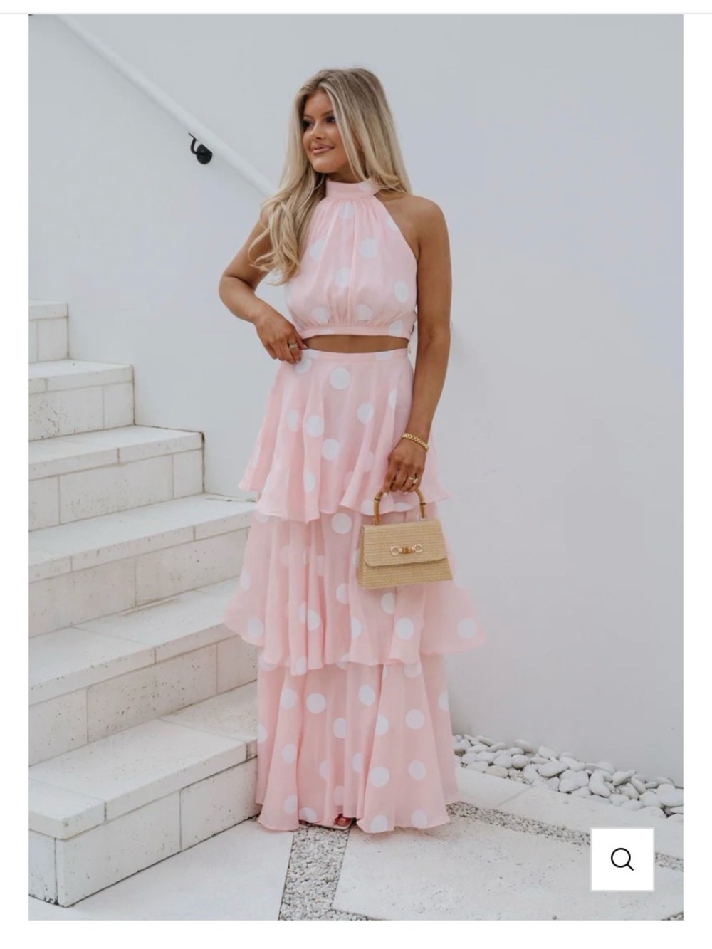Pink Polka Dot Two-Piece Halter Maxi Set